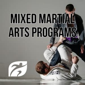 an image of two male in guy engaging in grappling. Text overlaid on image says Mixed Martial Arts Programs and there is a white Niverville Recreation icon logo in the bottom left corner.