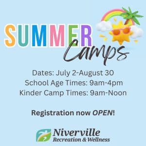 a graphic with the title Summer Camps and an icon of a sunshine wearing sunglasses. The text on the image says Dates: July 2-August 30 School Age Times: 9am-4pm Kinder Camp Times: 9am-noon